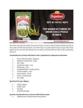 Top Manufacturers of Green Chilli Pickle in India