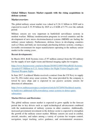 Military Sensors Market Size and Growth Forecast Report 2020