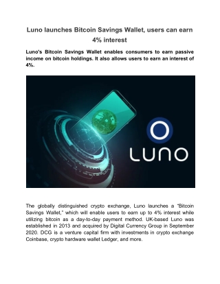 Luno Launches Bitcoin Savings Wallet, Users Can Earn 4% Interest