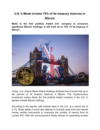 U.K.’s Mode Invests 10% of Its Treasury Reserves in Bitcoin