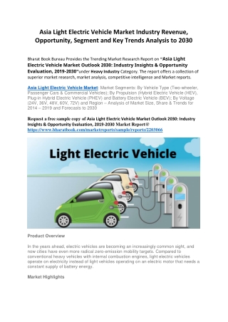 Asia Light Electric Vehicle Market Industry Revenue, Opportunity, Segment and Key Trends Analysis to 2030