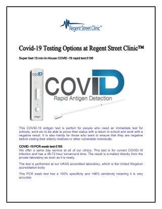 Covid-19 Testing Options at Regent Street Clinic™