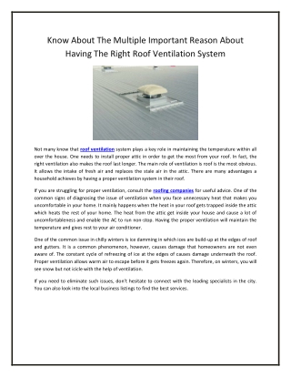 Know About The Multiple Important Reason About Having The Right Roof Ventilation System