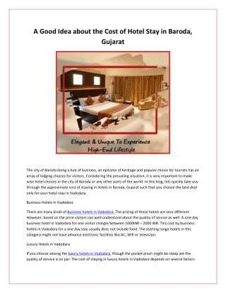 A Good Idea about the Cost of Hotel Stay in Baroda, Gujarat