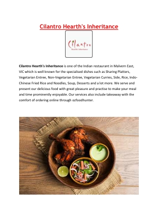 5% Off - Cilantro Hearth's Inheritance Menu Takeaway Malvern East, VIC