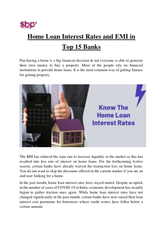 Home Loan Interest Rates and EMI in Top 15 Banks