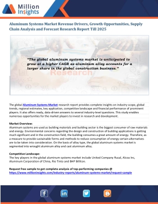 Aluminum Systems Market Revenue Drivers, Business Opportunities and Risks Assessment, 2025