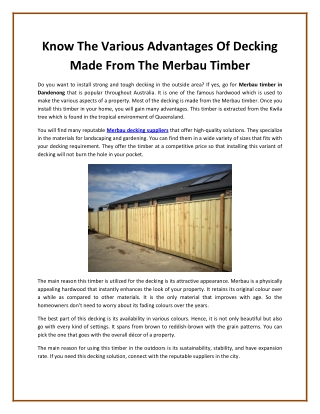 Know The Various Advantages Of Decking Made From The Merbau Timber