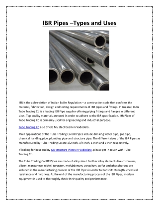 IBR Pipes –Types and Uses