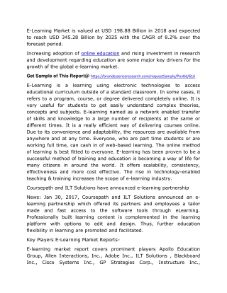 E-Learning Market 2020 Size, Industry Research, Rapid Growth, Trend, Regional Outlook To 2025