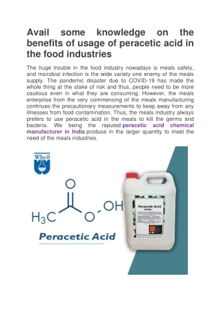 Avail some knowledge on the benefits of usage of peracetic acid in the food industries