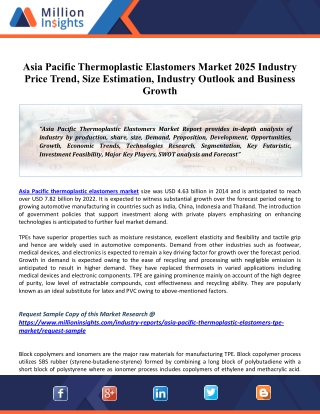 Asia Pacific Thermoplastic Elastomers Market 2025 Global Industry Trends, Growth, Share, Size And Upcoming Challenges