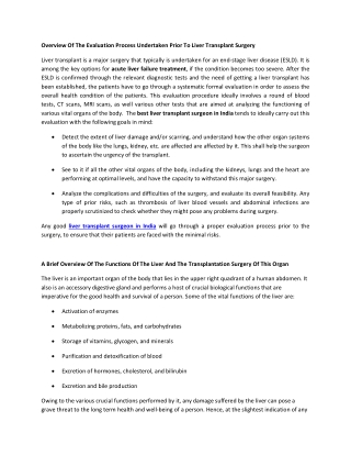 Overview Of The Evaluation Process Undertaken Prior To Liver Transplant Surgery