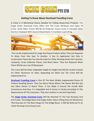 Getting To Know About Overhead Travelling Crane