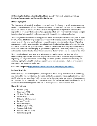 3D Printing Market Competition, Growth Prediction, Industry Trends, Upcoming Trends and Opportunity Assessment