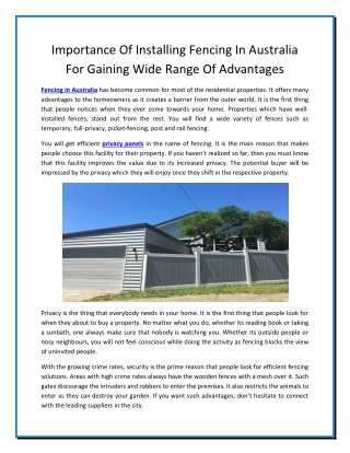 Importance Of Installing Fencing In Australia For Gaining Wide Range Of Advantages