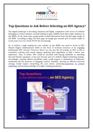 Top Questions to Ask Before Selecting an SEO Agency?