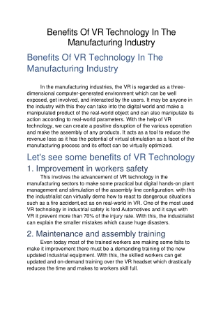 Benefits Of VR Technology In The Manufacturing Industry