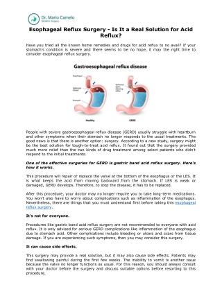 Esophageal Reflux Surgery - Is It a Real Solution for Acid Reflux?