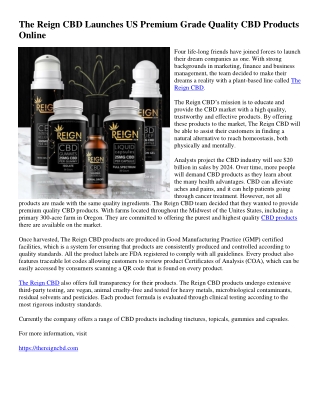 The Reign CBD Launches US Premium Grade Quality CBD Products Online 2