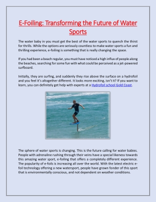 E-Foiling: Transforming the Future of Water Sports