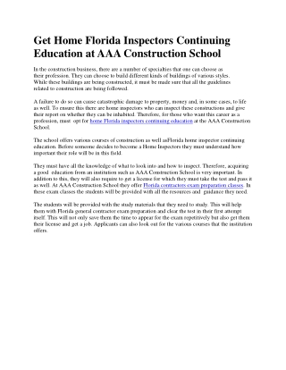 Get Home Florida Inspectors Continuing Education at AAA Construction School