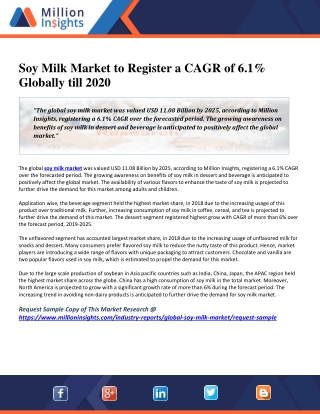 Soy Milk Market to Register a CAGR of 6.1% Globally till 2020