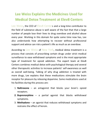 Lee Weiss Explains the Medicines Used for Medical Detox Treatment at Elev8 Centers