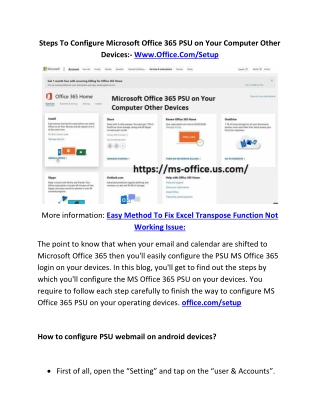 Steps To Configure Microsoft Office 365 PSU on Your Computer Other Devices:- Www.Office.Com/Setup