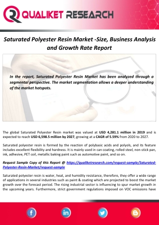 Saturated Polyester Resin Market Size, Growth, Demand and Forecast Report by 2027