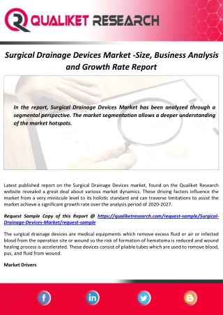 Surgical Drainage Devices Market with COVID-19 Impact and Forecast Report by 2027