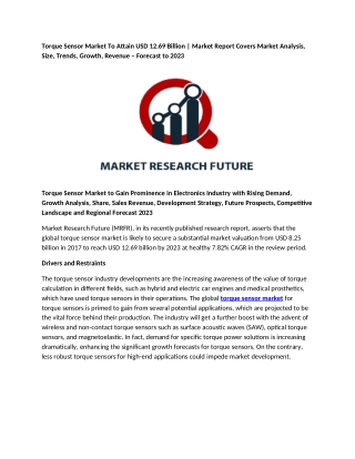 Torque Sensor Market To Attain USD 12.69 Billion | Market Report Covers Market Analysis, Size, Trends, Growth, Revenue –