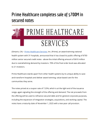 Prime Healthcare completes sale of $700M in secured notes