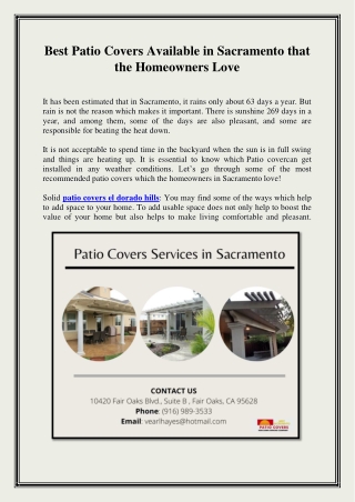 Best Patio Covers available in Sacramento that the homeowners Love