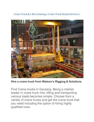 Hire a crane truck from Watson’s Rigging & Solutions