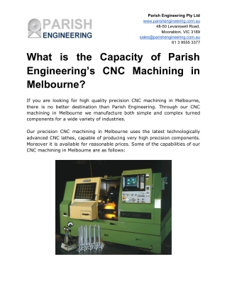 What is the Capacity of Parish Engineering’s CNC Machining in Melbourne?
