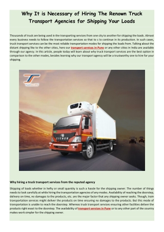 What Are The Impacts of Hiring Truck Transport Services For Shipping of Loads to Another City