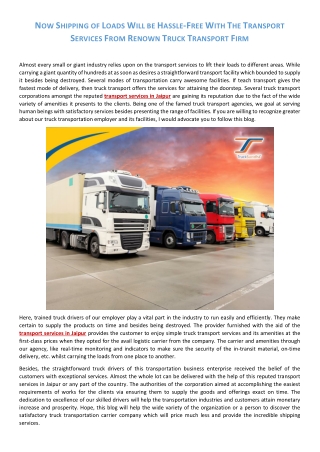 Now Shipping of Loads Will be Hassle-Free With The Transport Services From Renown Truck Transport Firm