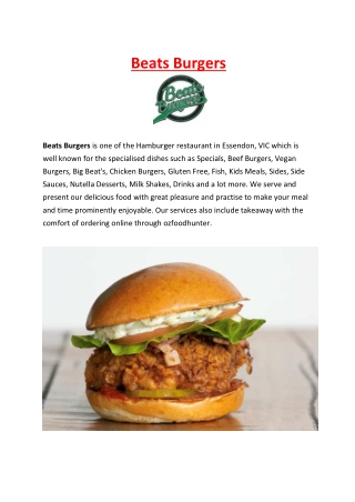 Beats Burgers Menu - 5% Off - Essendon Takeaway, VIC