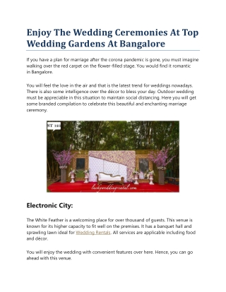 Enjoy The Wedding Ceremonies At Top Wedding Gardens At Bangalore
