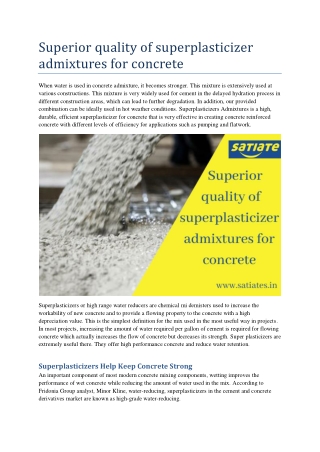 Superior quality of superplasticizer admixtures for concrete