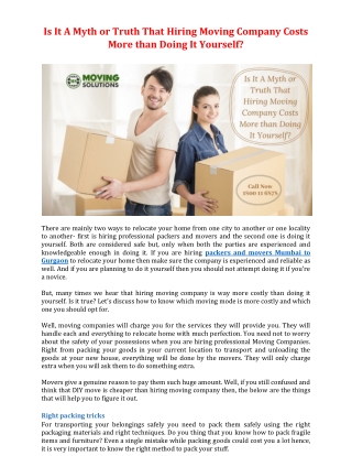 Is It A Myth or Truth That Hiring Moving Company Costs More than Doing It Yourself?