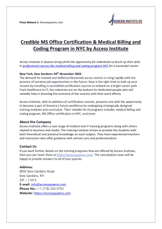 Credible MS Office Certification & Medical Billing and Coding Program in NYC