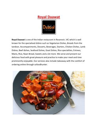 5% Off - Royal Daawat Menu Indian Restaurant Reservoir Takeaway, VIC