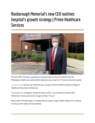 Roxborough Memorial's new CEO outlines hospital's growth strategy | Prime Healthcare Services