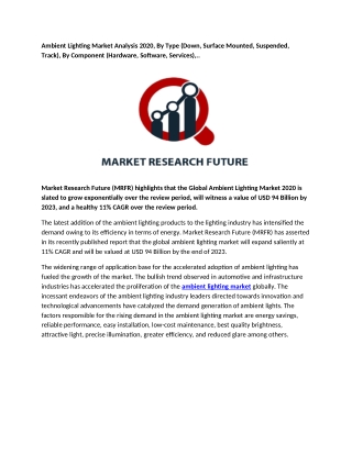Ambient Lighting Market Analysis 2020, By Type (Down, Surface Mounted, Suspended, Track), By Component (Hardware, Softwa