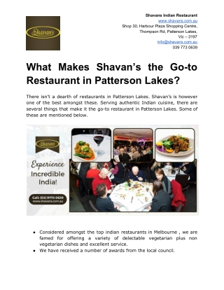 What Makes Shavan’s the Go-to Restaurant in Patterson Lakes