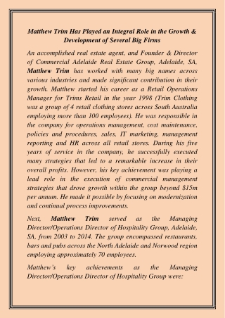 Matthew Trim Has Played an Integral Role in the Growth & Development of Several Big Firms