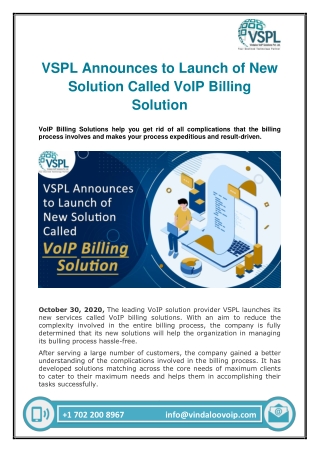 VSPL Announces to Launch of New Solution Called VoIP Billing Solution