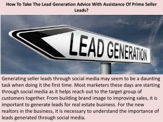 How To Take The Lead Generation Advice With Assistance Of Prime Seller Leads?